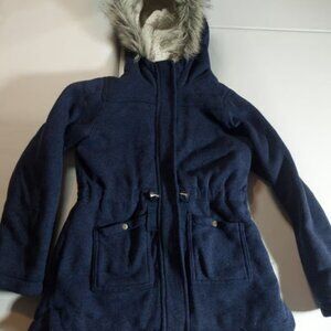 Old Navy Girls Size Large Navy Blue Knit Sherpa Fur Lined Hood Zip Coat